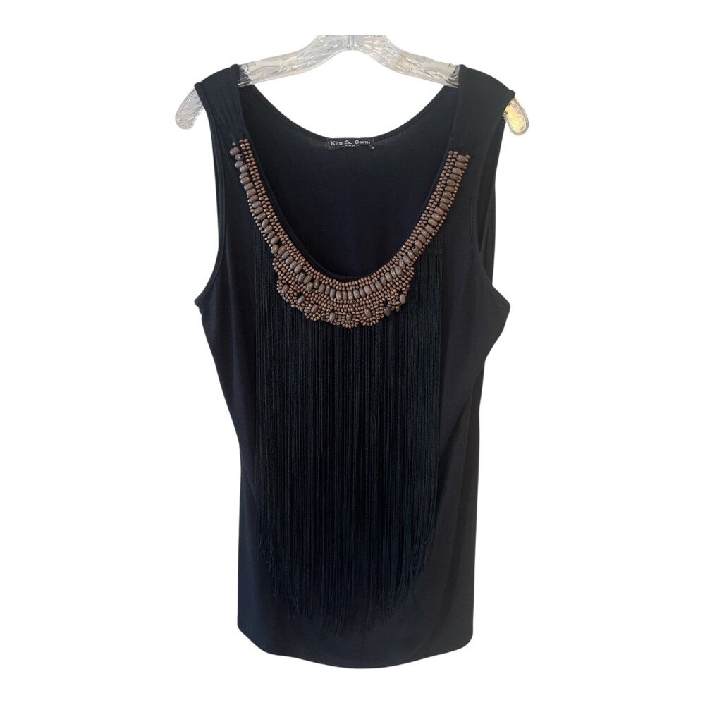 Kim & Cami Women’s XL Black Sleeveless Top – Long Fringe & Beaded Scoop Neck – M